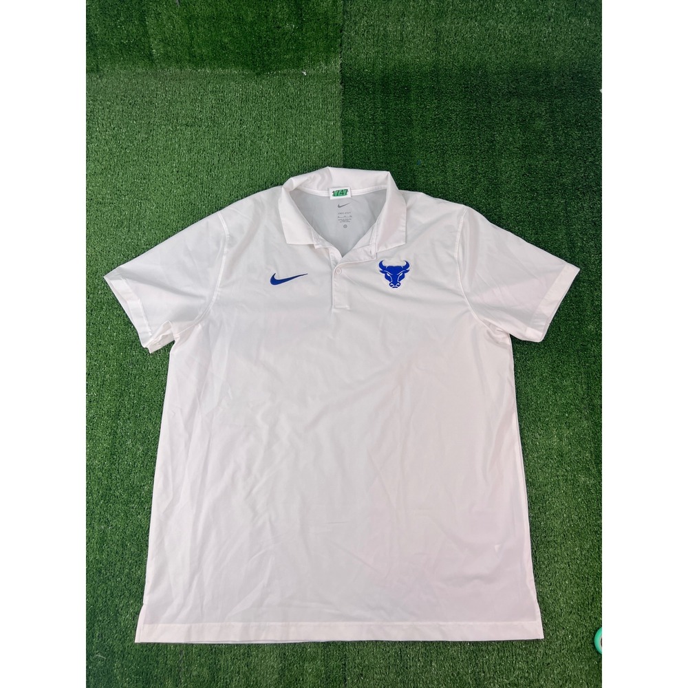 Nike Dri-FIT Mens XL White Blue UB Bulls Short Sleeve Golf Polo Shirt Buffalo
